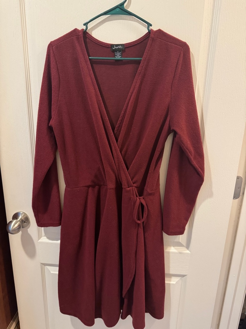 Justify Burgundy Wrap-Front Long Sleeve Dress